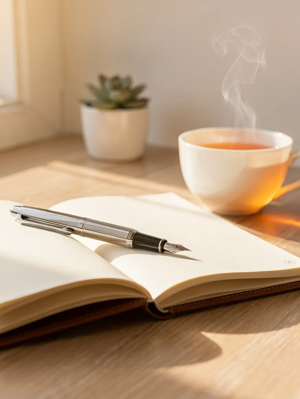 Cozy companion journal lying open on a soft wooden desk next to warm tea